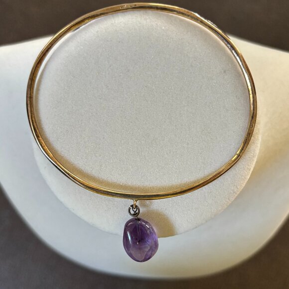 Gold tone Silver 925 Oval Vermeil Purple Amethyst Dangle Charm Bangle Bracelet - Picture 12 of 12